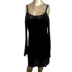 Venus Crochet Knit Cold Shoulder Dress Size M Black Pointelle Bell Sleeve 2019
